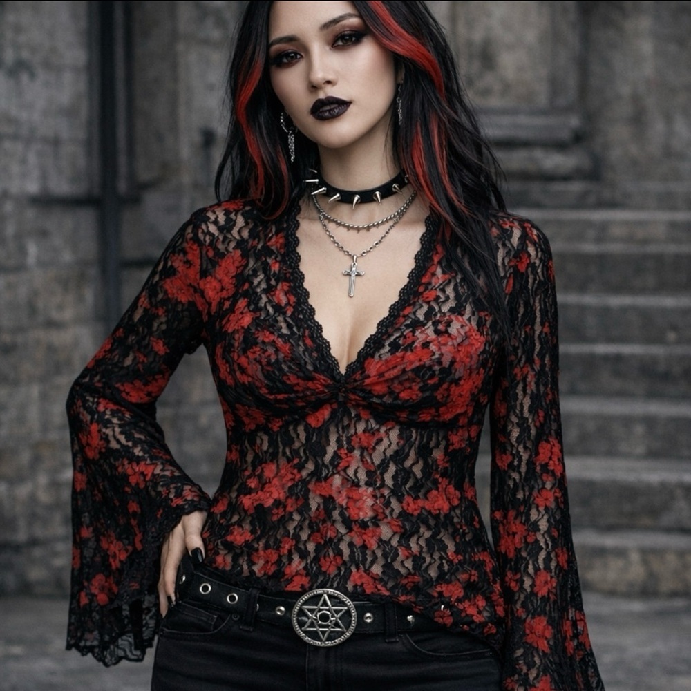 Y2k Cache Black Red Floral Lace Whimsigoth Top  Bell Sleeve SZ Medium Vamp EUC